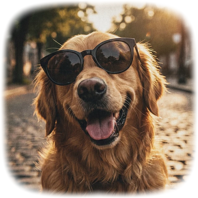 An AI-painted dog portrait in sunglasses printed on a black t-shirt