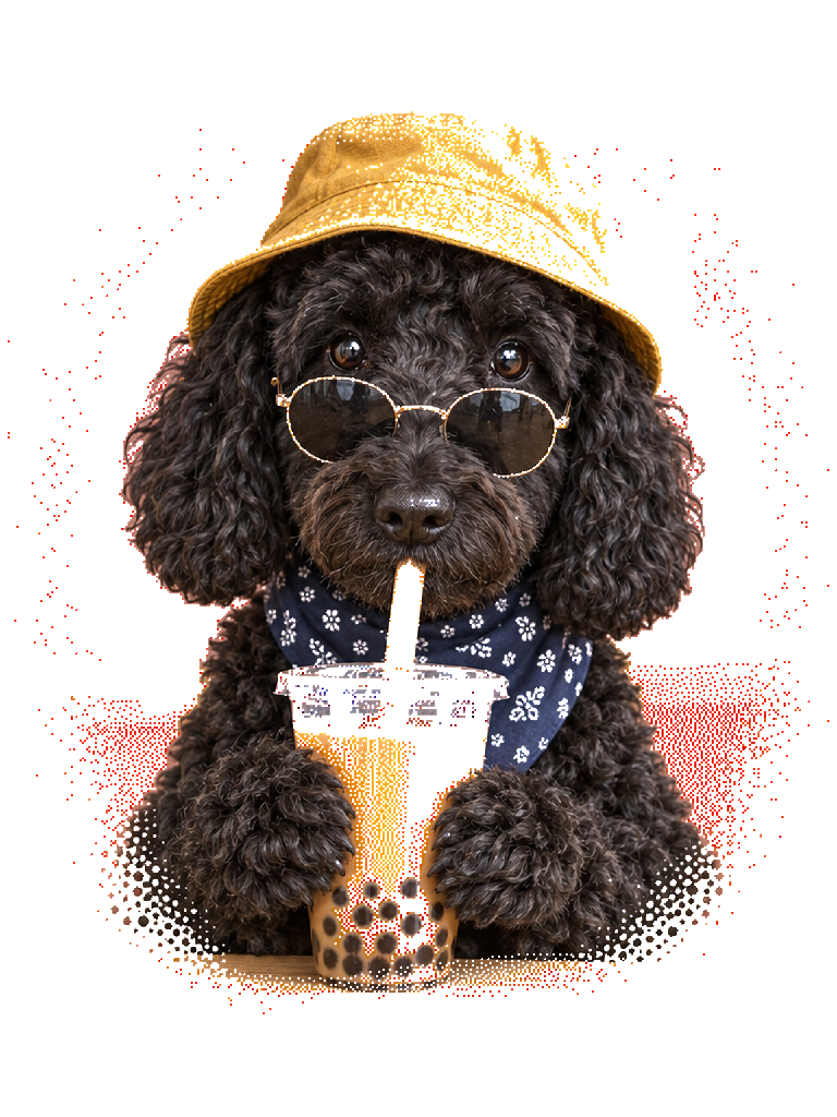 A black doodle in a yellow bucket hat and sunglasses sipping boba tea, printed on an ivory tee